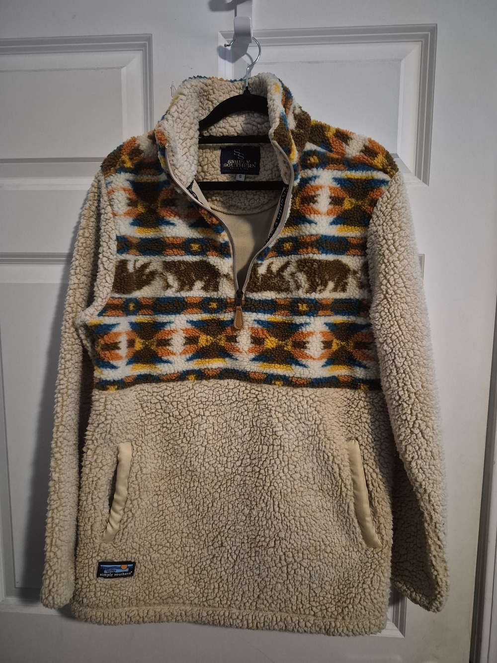 Simply Southern Aztec Bear Fleece Sherpa Quarter Zip Pullover Cream Size Small